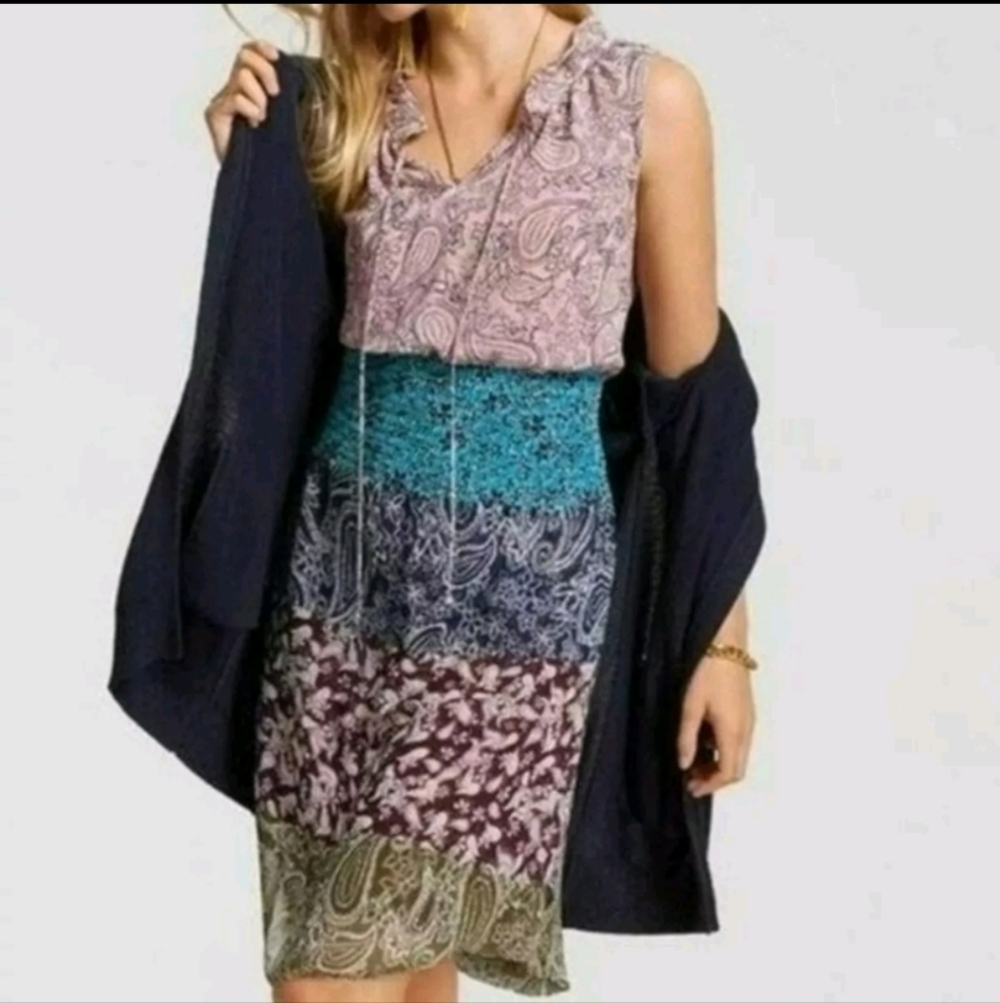 CABI Women’s Small Dani Dress Patchwork Paisley Smocked Sleeveless BOHO 5371